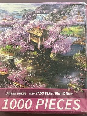 Jigsaw 1000-Piece Puzzle - Pink and Green Cherry Blossom Landscape